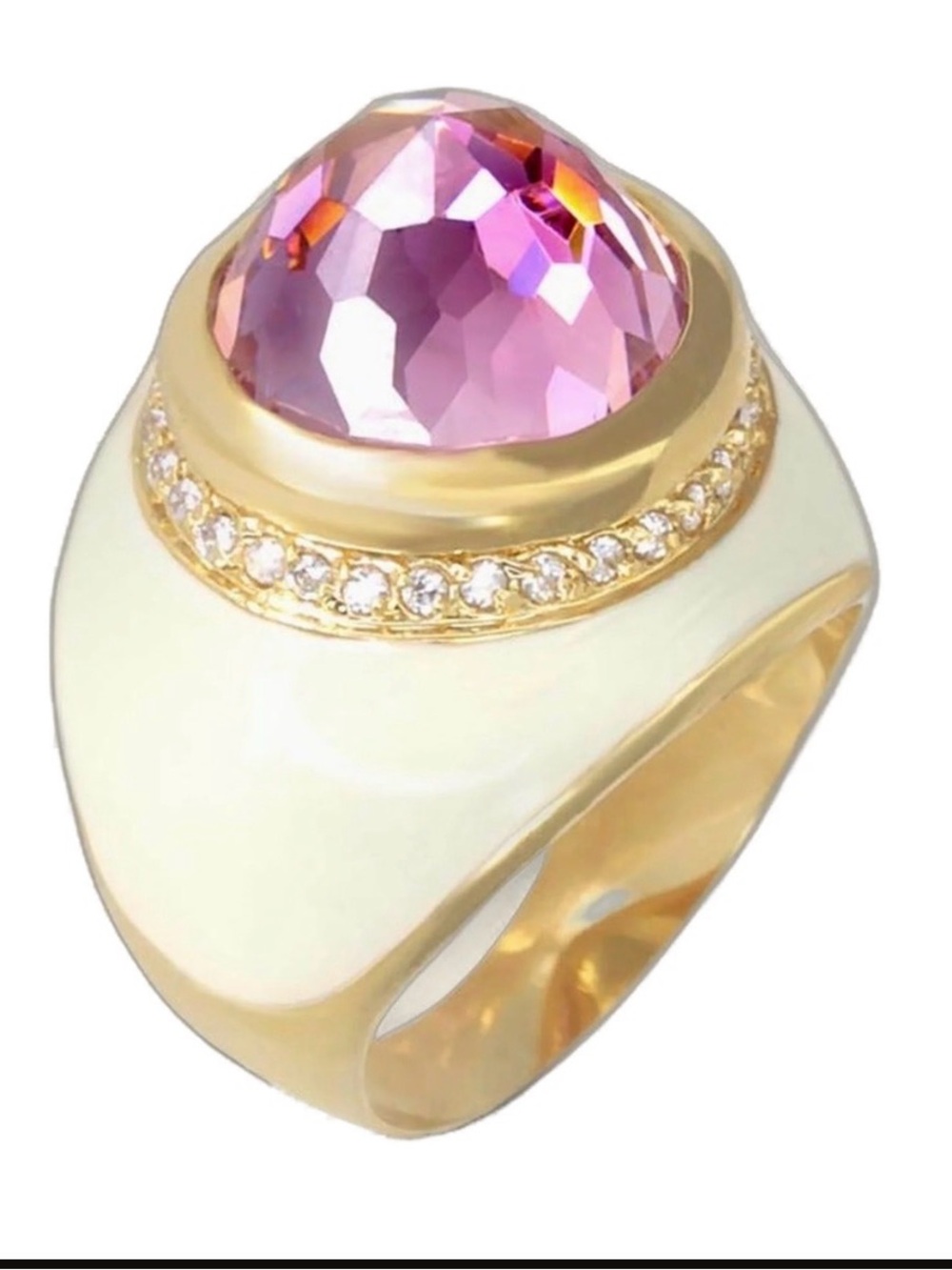 Gold-Plated Ring with Pink Crystal Accent Gem Stone Enamel Statement Ring Size 7